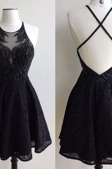 Black Lace Beaded Short Prom Dress, Cute Black Homecoming Dress