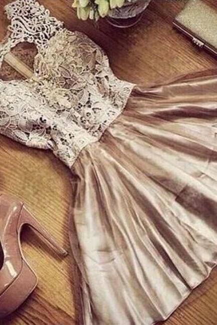 Champagne Round Neck Lace Tulle Short Prom Dress, Cute Homecoming Dress