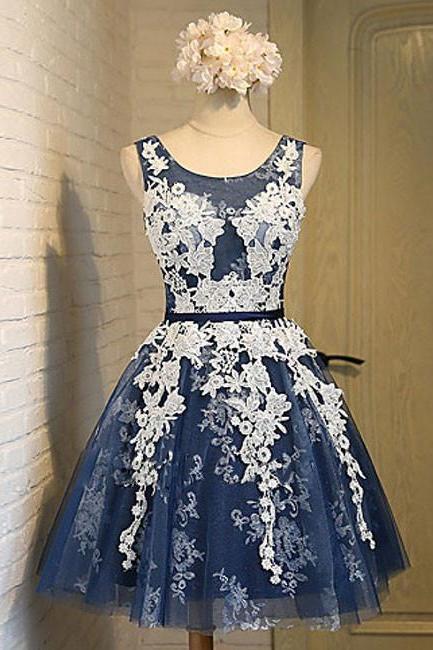 Cute Round Neck Lace Tulle Dark Blue Short Prom Dress, Bridesmaid Dress