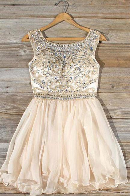 Cute round neck bead apricot short prom dress, homecoming dress