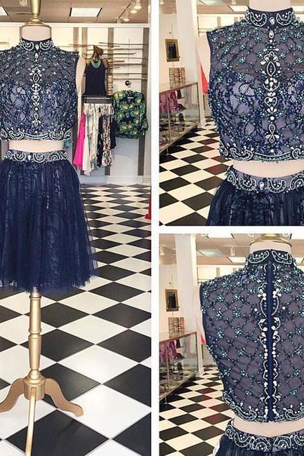 Dark Blue High Neck Two Pieces Lace Short Prom Dress, Homecoming Dress