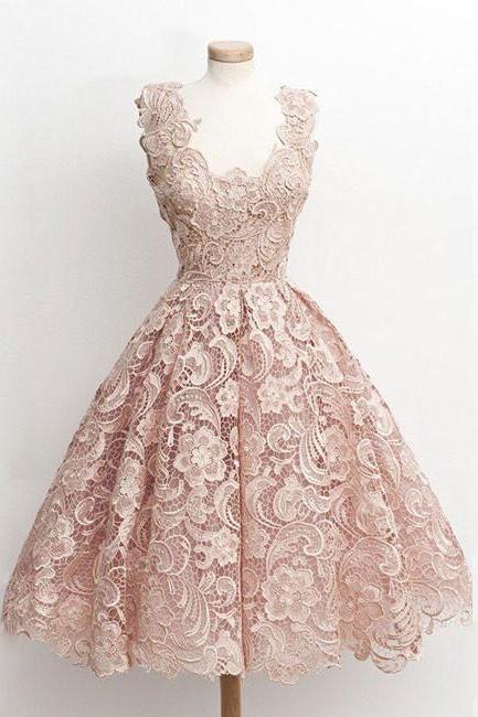 Cute Light Pink Lace Short Prom Dress, Lace Bridesmaid Dress