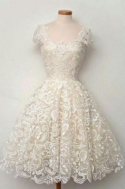 Cute White Lace Short Prom Dress, Lace Bridesmaid Dress