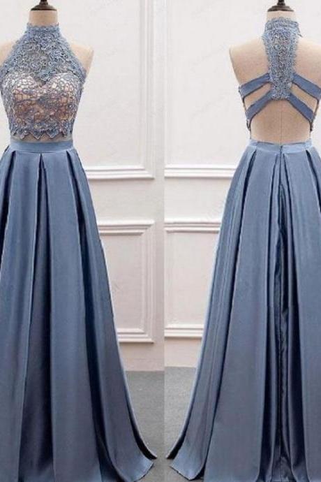 Dusty Blue Prom Dress,two Piece Prom Dress,lace Top Prom Dress,graduation Dresses For 8th Grade,pl0081