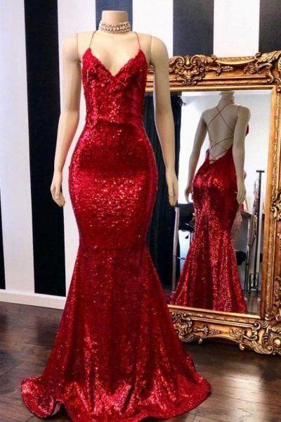 Bodycon Red Backless Sequins Mermaid Prom Dress,pl0083