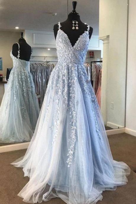 Fairy Light Blue Lace Appliques Tulle A-line Long Prom Dress,pl0084