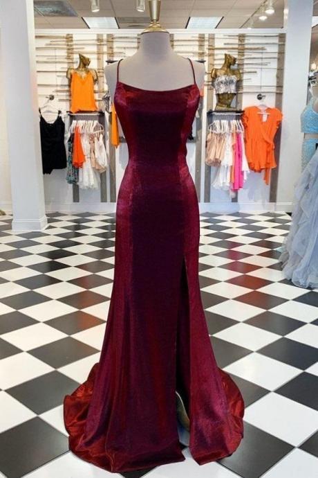 Burgundy Prom Dress With Slit Backless Prom Dress Burgundy Formal Dresses,pl0087