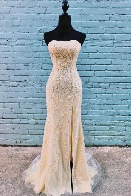 Classy Gold Lace Appliques Long Strapless Prom Dress With Side Slit,pl0089