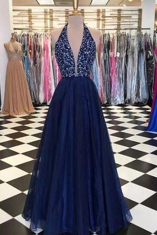 Sparkly Blue Tulle Halter Plunge V-neck Prom Dress Freshman Dress,pl0092