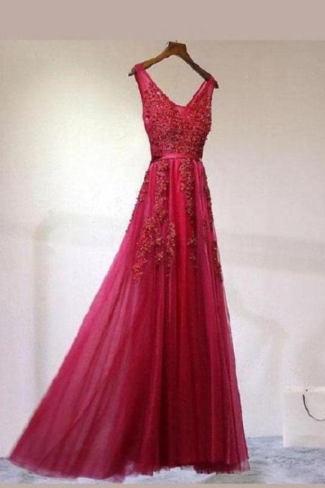 Red Lace Appliques See Through Prom Dress Long Party Graduation Dress,pl0093