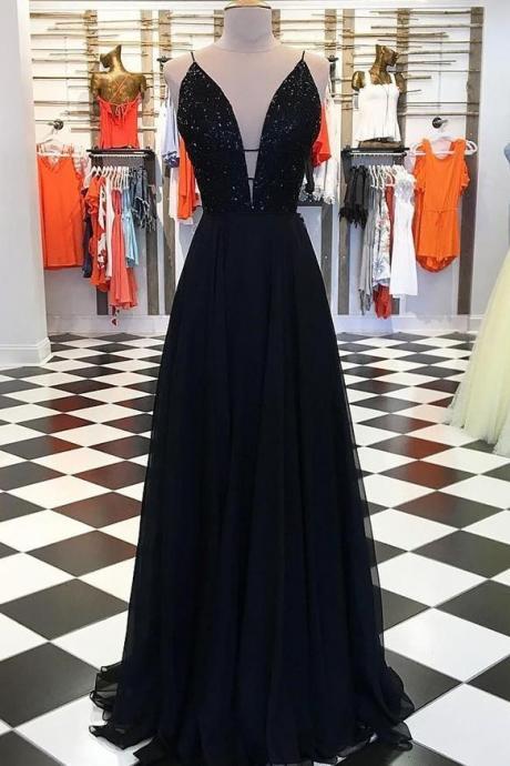 Sparkly Plunge V-neck A-line Black Sequin Prom Dress,pl0094