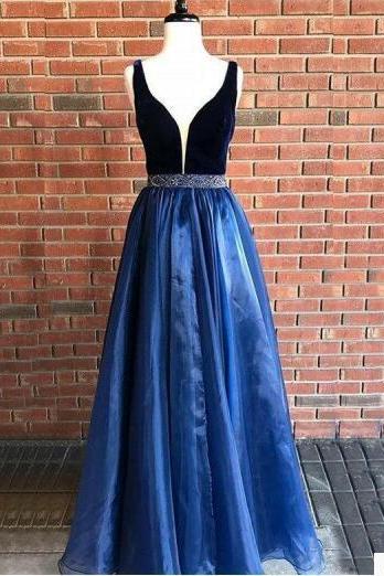 Navy Blue Slit Organza Prom Dress Graduation Dress With Beading Belt,pl0098