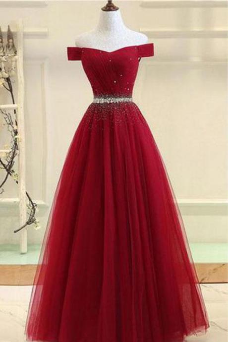 Off Shoulders Red Tulle Floor Length Prom Dress,8th Grade Dance Dress,pl0102