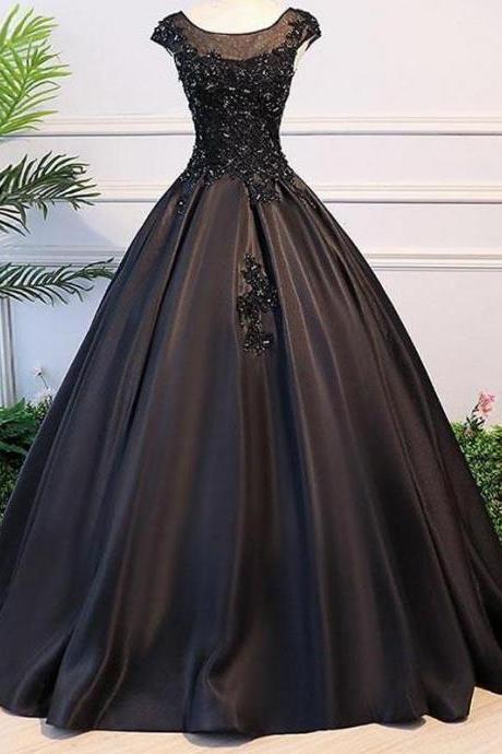 Black Ball Gown Illusion Neck Cap Sleeves Prom Dress,graduation Ball Gown,pl0107
