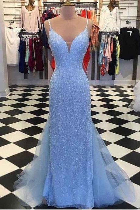 Blue Dazzling Beading Sheath Prom Dress,formal Graduation Dress,pl0108