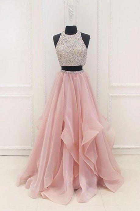 Dazzling Halter Organza Pink Two Piece Long Prom Dress Graduation Sweet 16 Dress,pl0109