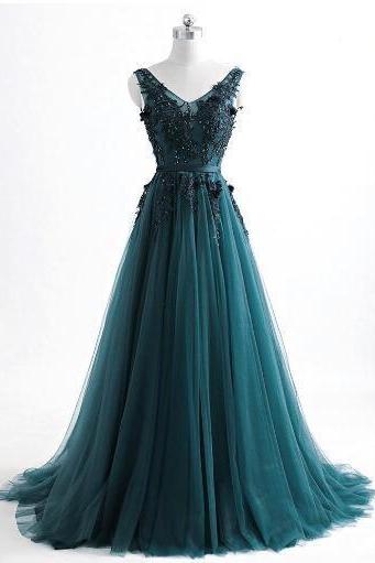 Romantic V Neck Green Lace Appliques Tulle Long Prom Dress,pl0110