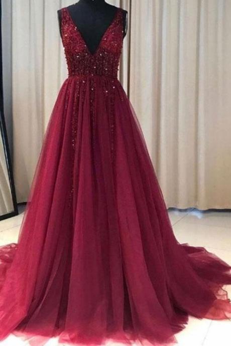 Discount Custom Made Burgundy Tulle Prom Dress Long,pl0111