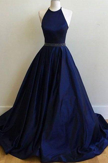 Halter Satin Poofy Navy Blue Ball Gown Prom Dress With Beading Waist,pl0112
