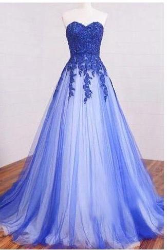 Illusion Royal Blue Strapless Lace Tulle Ball Gowwn Prom Dress,pl0113