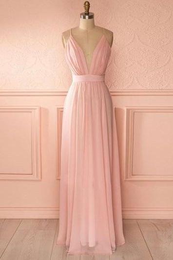 Pink Chiffon Bridesmaid Dresses Long Plunge V Neck Prom Dress,pl0114