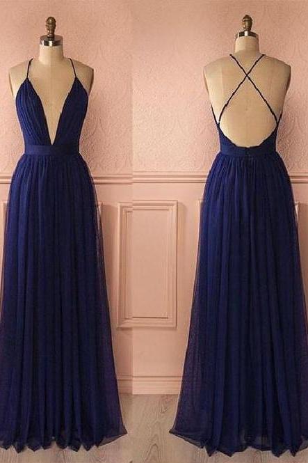 Navy Blue Flowy Tulle Long Plunge V Neck Prom Dress Senior Graduation Formal Wear,,pl0118