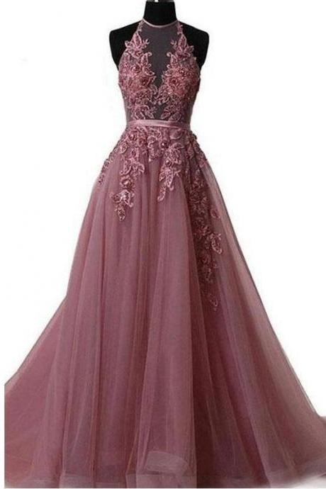 2021 Long Sweep Train Halter Dazzling Top Tulle Modest Prom Dress,pl0119
