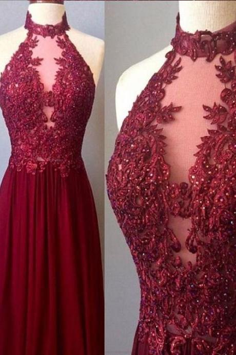 Halter Chiffon Lace A-line Long Maroon Prom Dress Burgundy Evening Dress,pl0122
