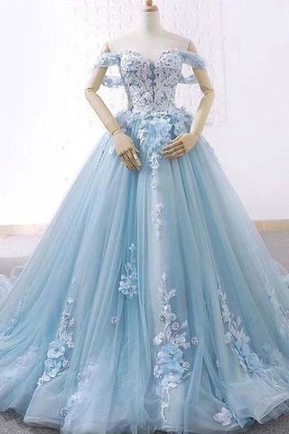 Blue Ball Gown Delicate Florals Prom Gown Long Tulle Prom Dress With Chapel Train,pl0124