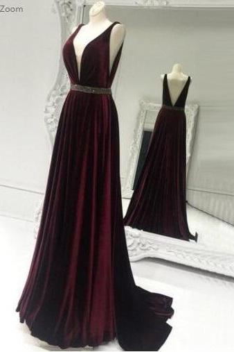 Plunge V Neck Long Velvet Prom Dress With Beading Around Waist,pl0125