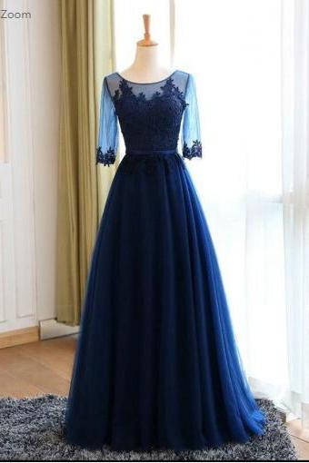 Vintage Navy Blue Jewel Neck Modest Blue Long Sleeve Prom Dress,pl0126