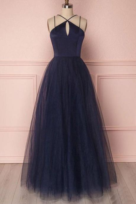 Dark Navy Tulle Simple Senior Prom Dress,long Party Formal Gown,pl0127