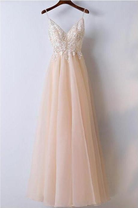 Blush Lace Top Spaghetti Straps A Line Tulle Prom Dress Graduation Dress,pl0128