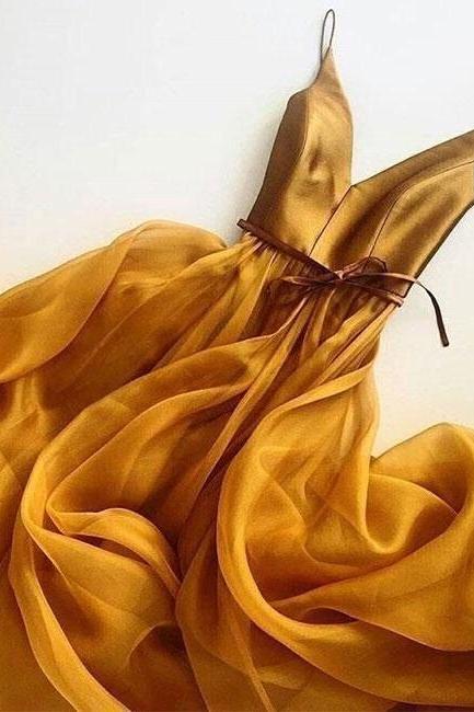 Gold Prom Dress Long Organza Spaghetti Straps Party Evening Dress,pl0130