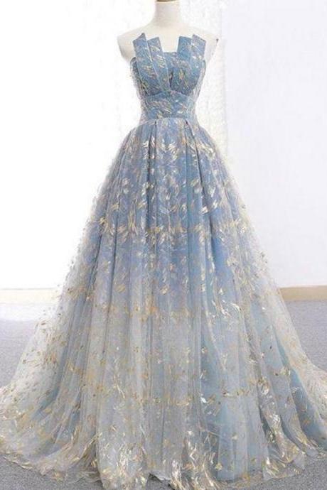 Ball Gown Blue Prom Dress With Delicate Gold Leaf Lace,pl0132