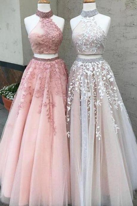 Modest Teens Long Prom Dress Freshman Two Piece Lace Tulle Prom Dress,pl0133