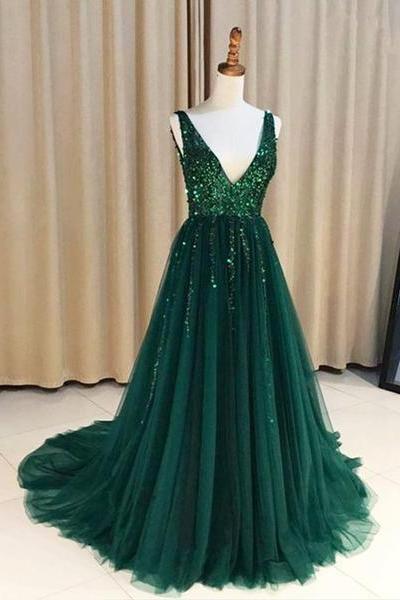 Hunter Green V-neck Long Formal Tulle Low Back Prom Dress,pl0134