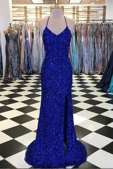 Royal Blue Sequin Long Sexy Sparkly Prom Dress Gown Low Back Evening Dress,pl0135