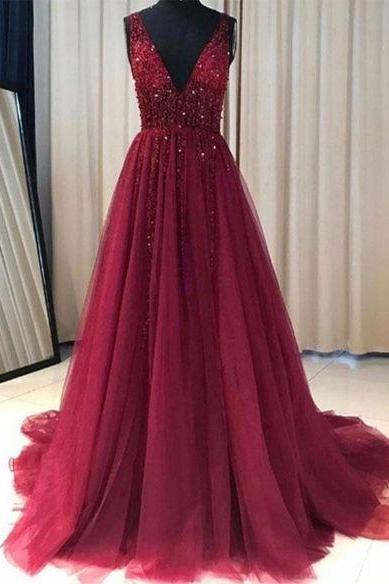 Red Prom Dress Tulle Lace Appliques V Neck Prom Gown Wedding Party Dress,pl0137
