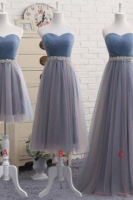 Dusty Blue Tulle Strapless Prom Dress In Different Length With Rinestones Belt,pl0140