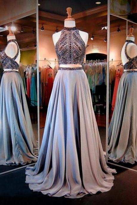 Gray Two Piece Long Prom Dress With Sparkly Beading,pl0150