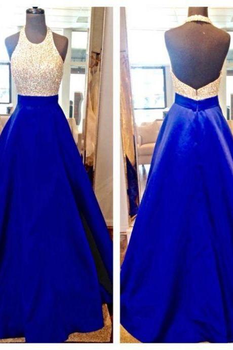 Backless Prom Dress,Royal Blue Prom Dress,Long Prom Dress,Halter Prom Dress,PL0159