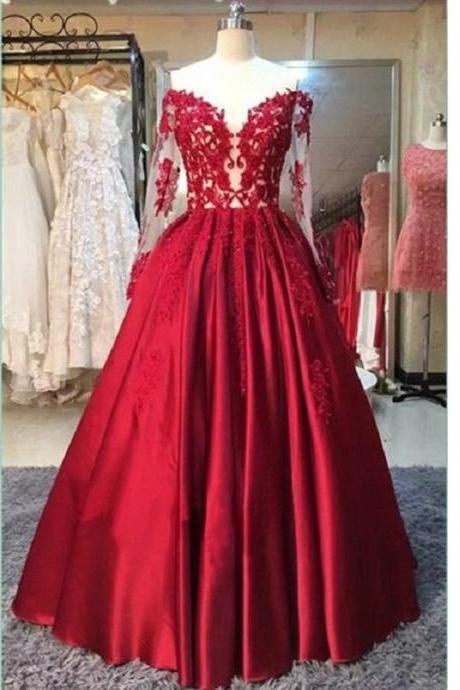 Ball Gown Prom Dress,red Prom Dress,off Shoulder Prom Dress, Long Sleeve Prom Dress,pl0168
