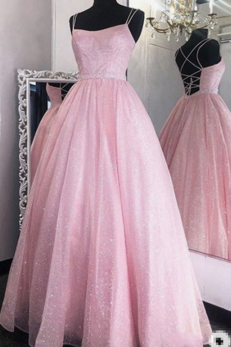 Pink Sequin Tulle Prom Dresses, Sparkle Prom Dresses, A-line Prom Dresses, 2020 Prom Dresses,pl0173