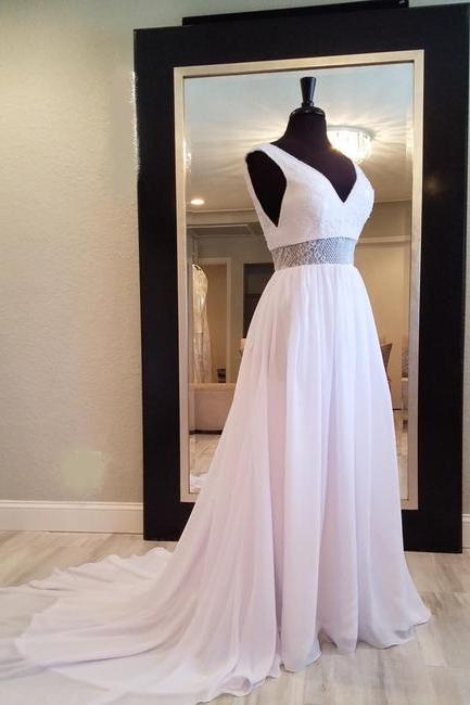 White Chiffon Hannahlin | Deep V Front And Back Beaded Neckline Lace Appliques Waist Formal Wedding Dress,pl0183