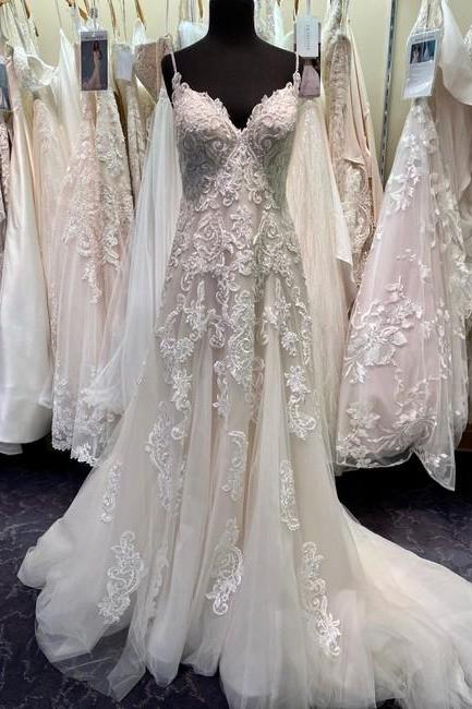 Ivory / Soft Blush Lace Tulle Couture Formal Wedding Dress,pl0286