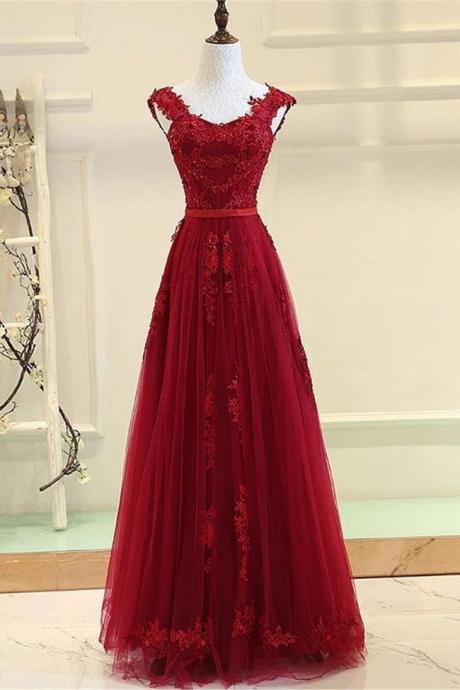 Stunning Burgundy Lace Appliques Long Prom Dresses Formal A Line Evening Dress Party Gowns,pl0311