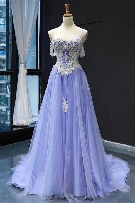 Fashion Light Lavender Tulle White Lace Prom Dresses Formal A Line Evening Dress Party Gowns,pl0316