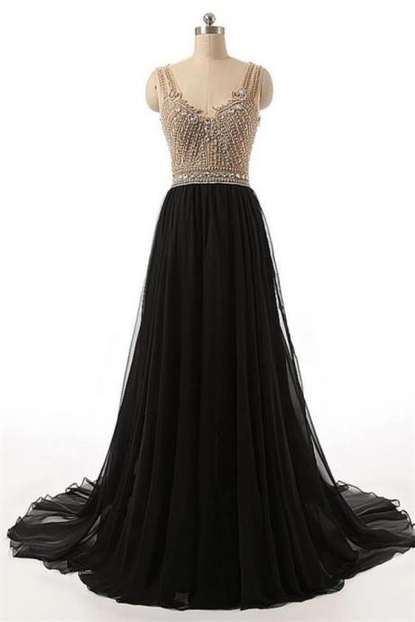 Fashion Open Back Crystal Beaded Black Long Prom Dresses Formal Evening Dress Party Gowns,pl0318