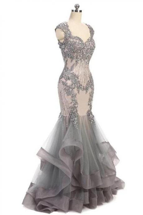 Open Back Lace Appliques Grey Mermaid Tiered Prom Dresses Formal Evening Gowns Dress,pl0319